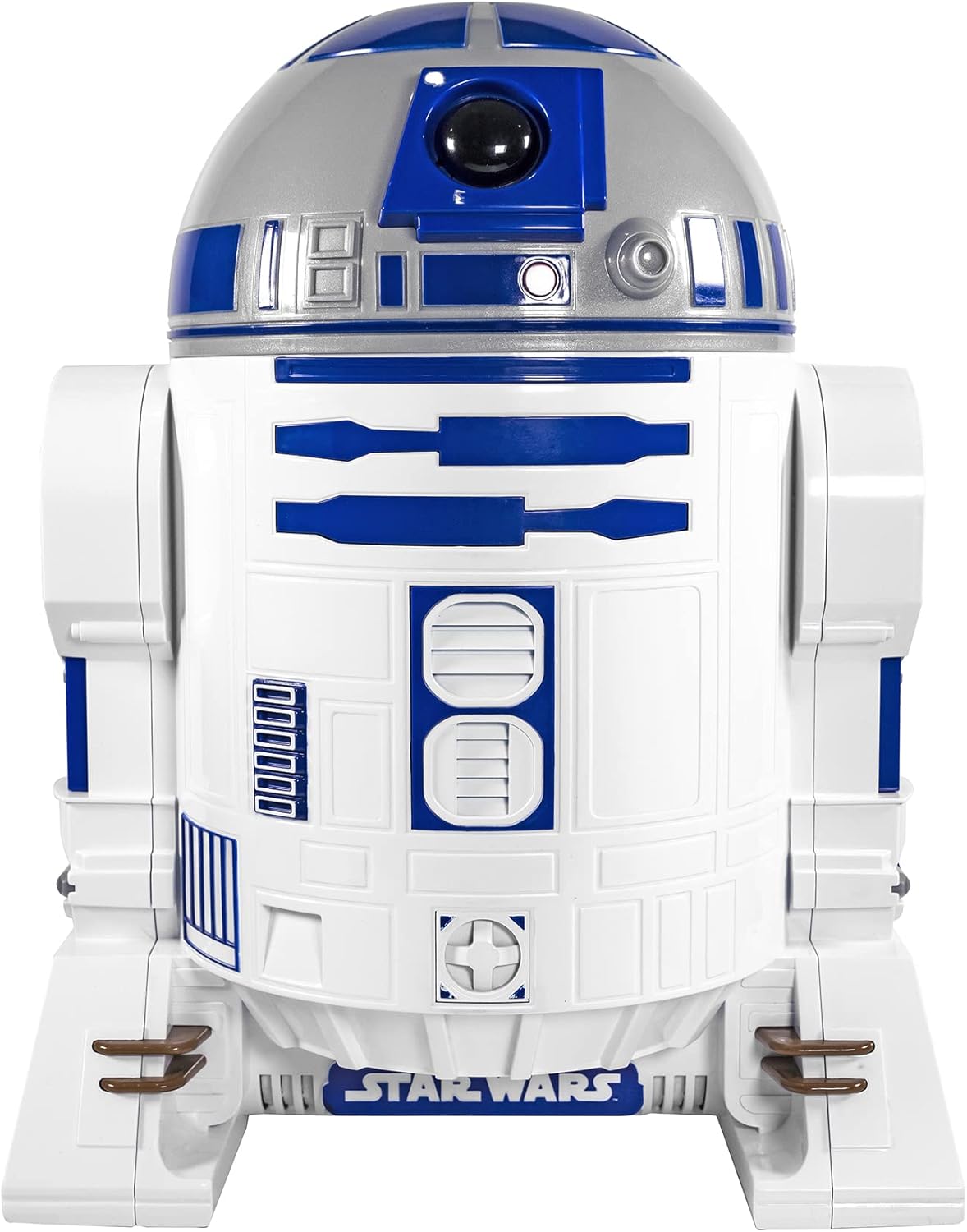R2-D2 Popcorn MakerA Star Wars-themed popcorn maker designed as the iconic blue and white droid R2-D2, featuring detailed panel work, a black sensor eye on top, and brown feet at the base.