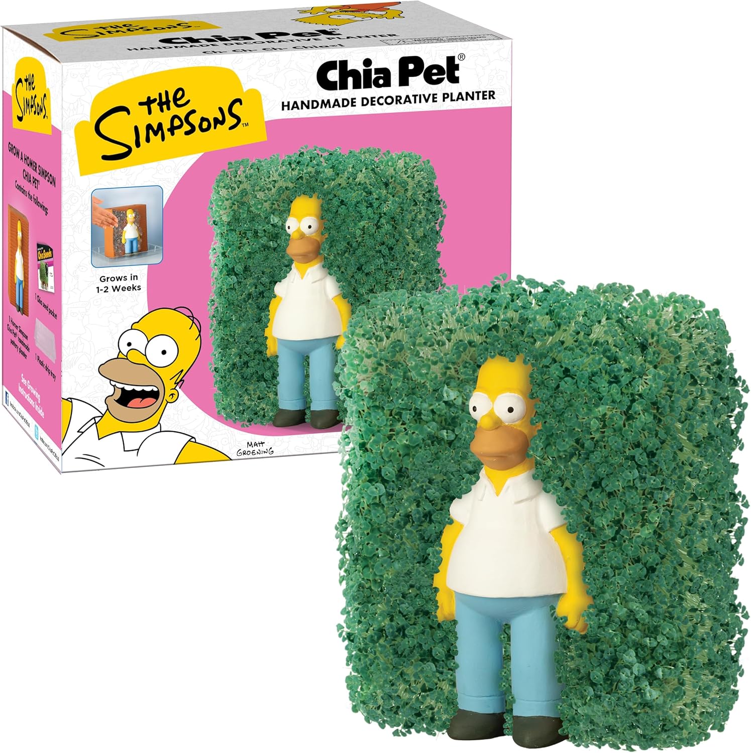 A Homer Simpson Chia Pet featuring a ceramic Homer figurine emerging from a mound of green chia sprouts, displayed next to its retail packaging which shows Homer's likeness and indicates the seeds grow in 1-2 weeks.