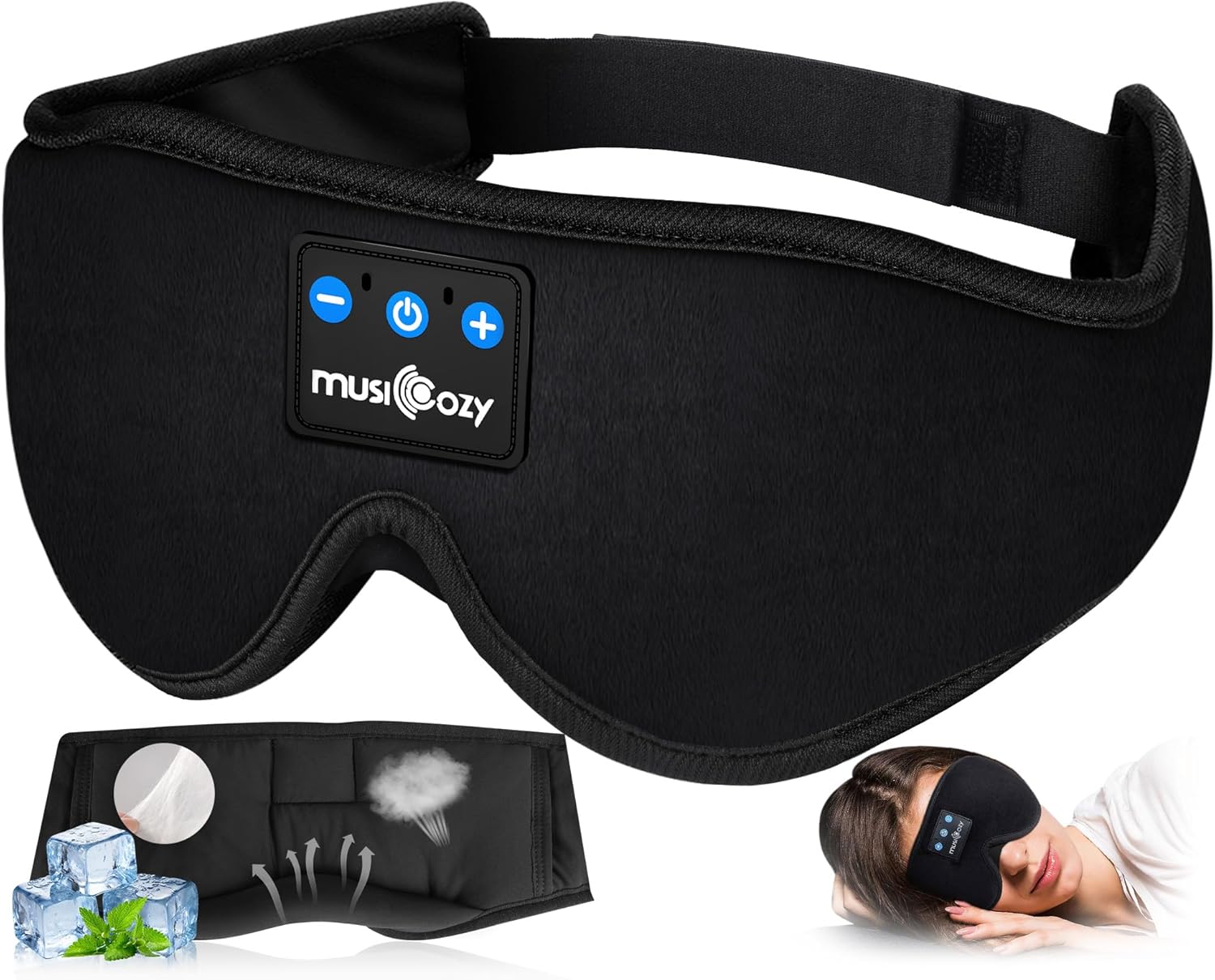Musicozy Sleep Mask Plus Bluetooth - a black padded eye mask with built-in controls (menu, power, and volume buttons) and adjustable head strap, shown in three views including cooling gel pad application and wear demonstration.