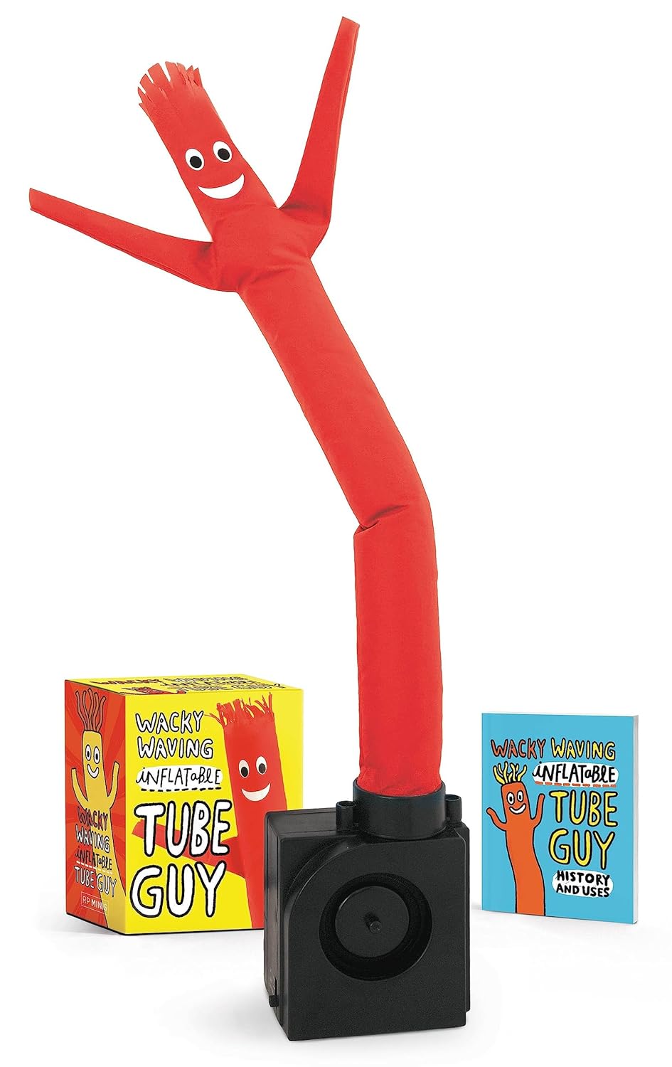 A red inflatable tube man with a smiling face and waving arms mounted on a black desktop base, accompanied by its product box and instruction booklet.
