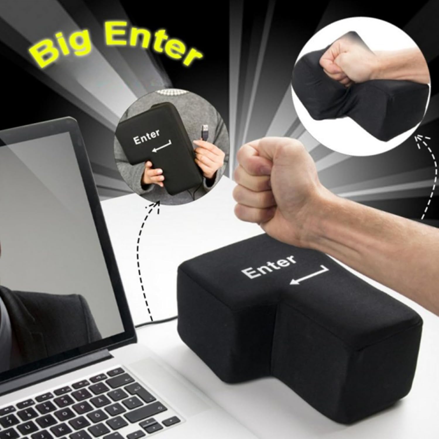Giant USB Soft Enter Button - an oversized black cushioned Enter key pillow with USB connectivity, shown being punched by a hand next to a laptop, designed as a novelty input device that connects to computers.