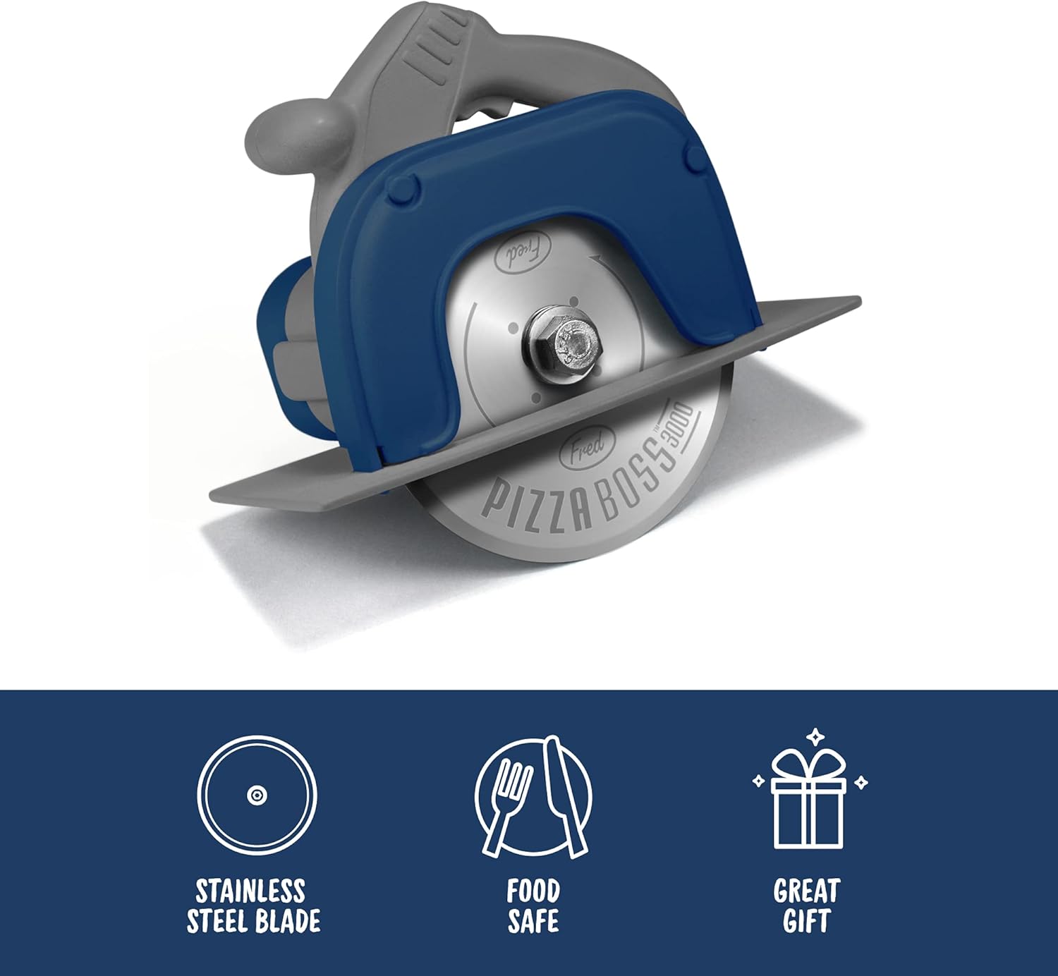 A blue and gray pizza cutter designed to resemble a circular saw, featuring a stainless steel blade and ergonomic handle, displayed with icons highlighting its stainless steel construction, food-safe materials, and suitability as a gift.
