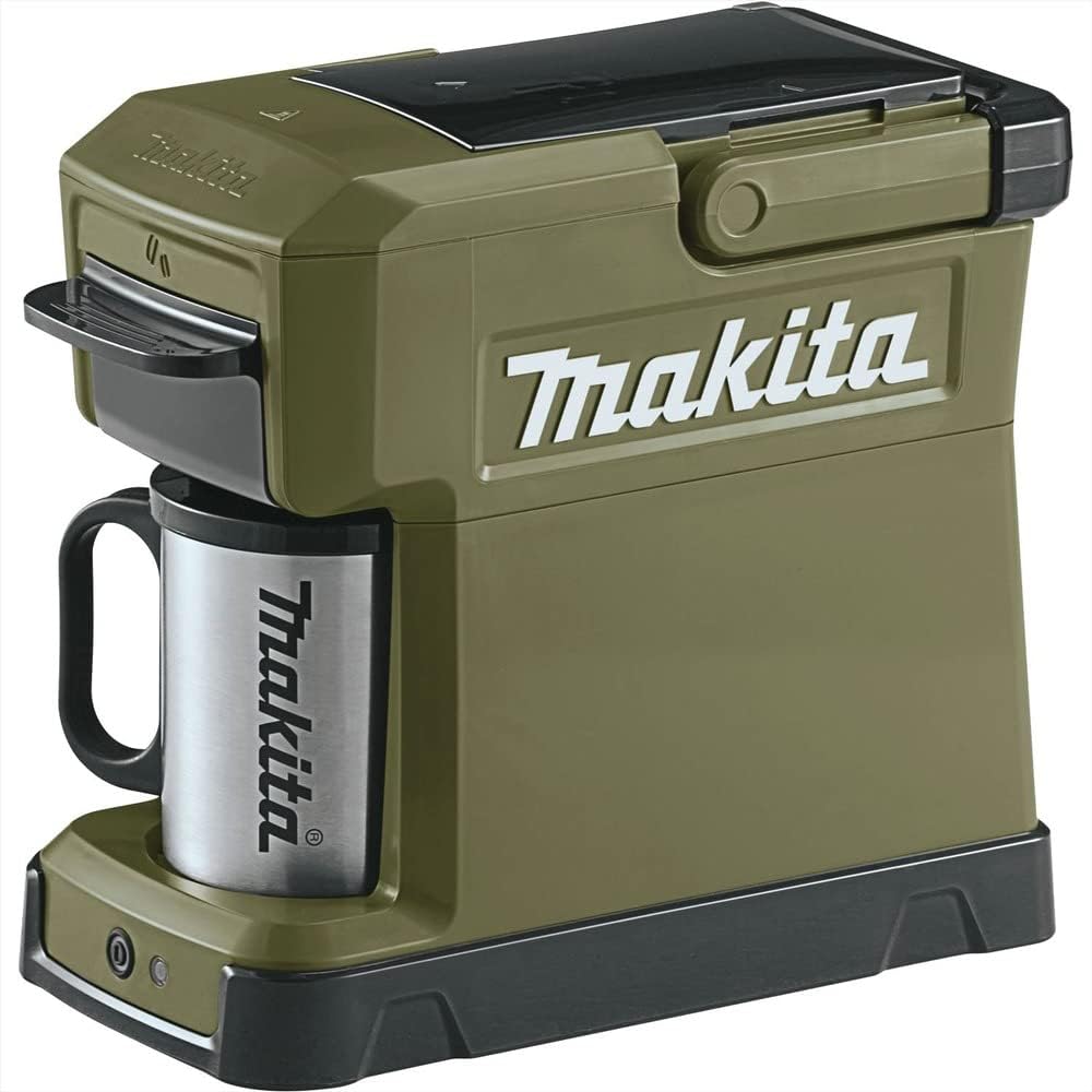 Makita Outdoor Coffee Maker in olive green with a stainless steel thermal carafe, featuring the Makita branding and a black base with control buttons.