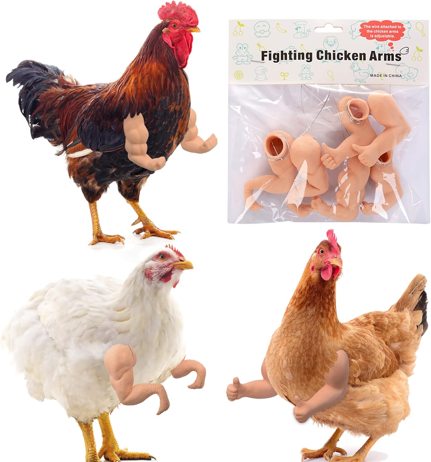 Adjustable novelty chicken arms made from flesh-colored plastic, designed to attach to real chickens or roosters. The package includes multiple arm pairs with articulated fingers and thumbs, creating a humorous effect when worn by poultry.
