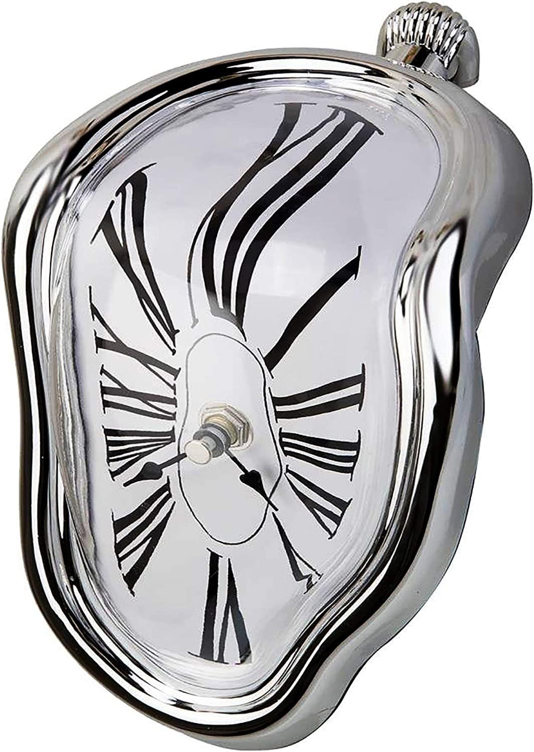 A surreal melting clock with a drooping, asymmetrical silver-chrome case and white face featuring black Roman numerals, inspired by Salvador Dalí's iconic surrealist artwork.