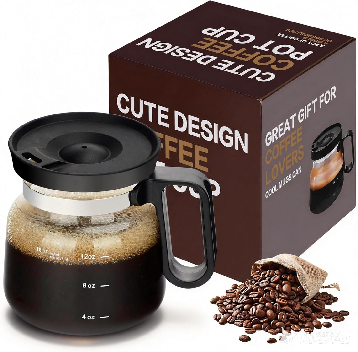 A black ceramic coffee mug with measurement markings (4oz, 8oz, 12oz, 16oz) and a matching black lid, displayed next to its brown product box labeled "Cute Design" and "Great Gift for Coffee Lovers," accompanied by scattered coffee beans.