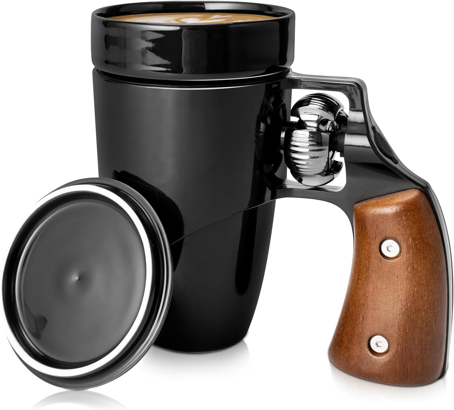A black ceramic coffee mug designed like a revolver pistol, featuring a spinnable cylinder chamber as the handle and a removable lid, accompanied by a wooden grip panel and a separate black lid component.