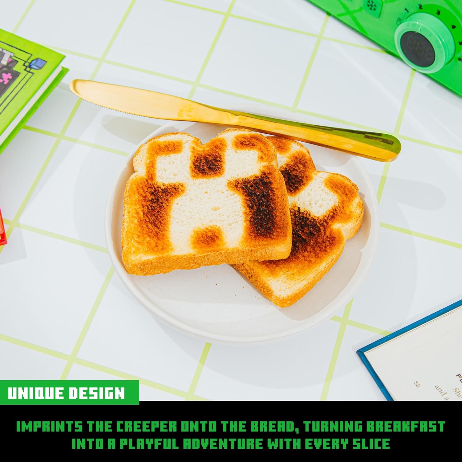 A yellow toaster with a green accent that imprints a Minecraft Creeper face pattern onto bread slices, as demonstrated by two pieces of toasted bread on a white plate featuring the iconic pixelated creeper design in brown burn marks.