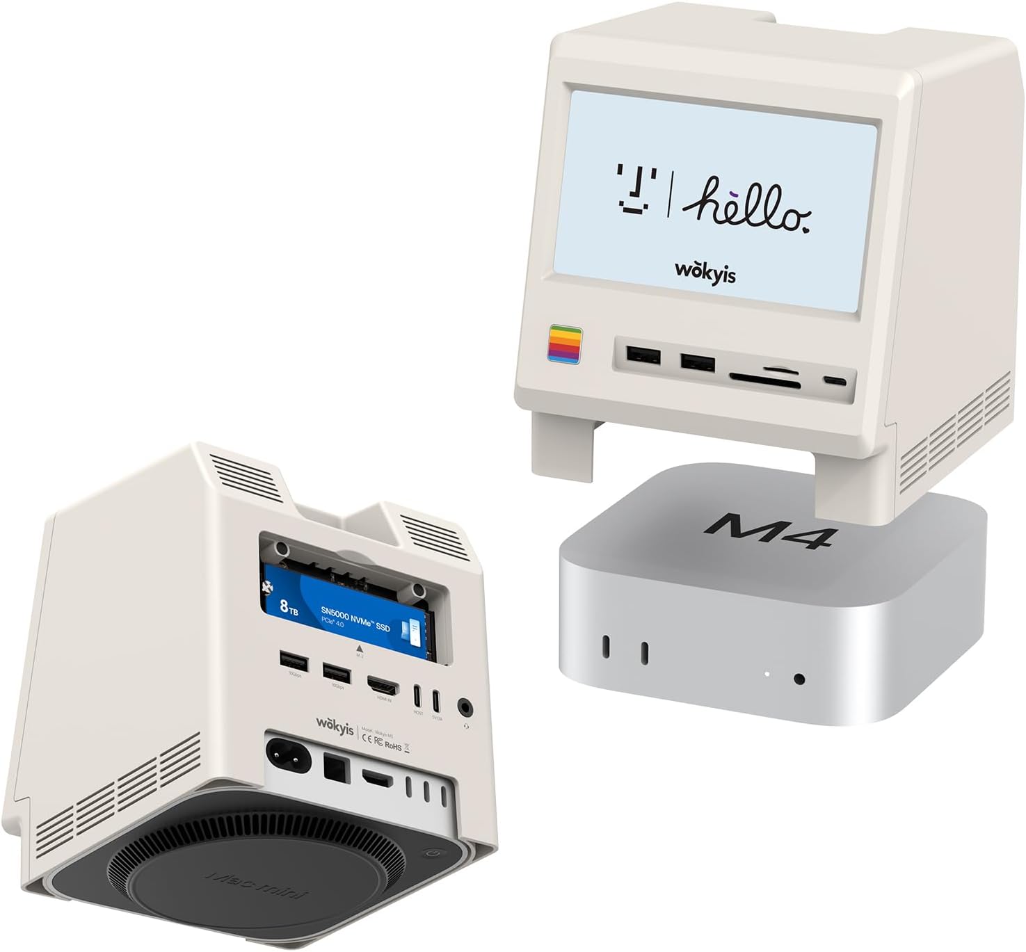 Retro Mac Mini Docking Station - A beige wokyis docking station designed to resemble a vintage Macintosh computer, featuring a small CRT-style display showing "hello" text, alongside a compact Mac mini dock with storage expansion and multiple connectivity ports.